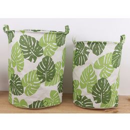 Green Tree Pattern Toy Storage Bucket Cotton And Linen Foldable Dirty Clothes Basket Home Decoration Storage Bucket 210316