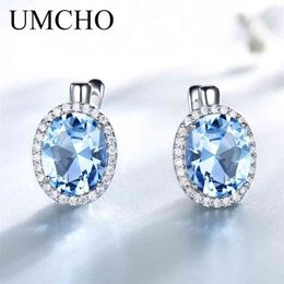 genuine topaz jewelry Canada - UMCHO Nano Sky Blue Topaz Gemstone Clip Earrings For Women Genuine 925 Sterling Silver Romantic Fine Jewelry 210722