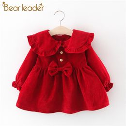 Bear Leader Baby Girls Dress New Spring Newborn Baby Girls Long Sleeve Princess Dress Solid Colour Kids Clothing Red Baby Dress 210312