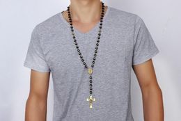 8mm Ball Mens Black Stainless Steel Link Chain Necklace Large Gold Silicone Beads Rosary with Cross Pendant