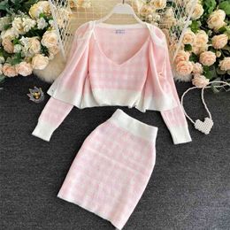 Korean Sweet Knit Plaid Cardigans + Camisole Skirts 3pcs Sets Girls Short Sweater Coat Vest Mini Skirt Suit Outfits 210714