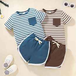 Summer Children Sets Casual Short Sleeve O Neck Striped T-shirt Solid Shorts 2Pcs Boys Clothes 18M-5T 210629