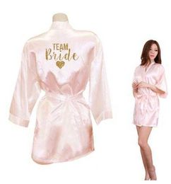 Kimono Robe Faux Silk Women Wedding Preparewear Bride Team Heart Golden Glitter Print Robes Bachelorette Pyjamas Free 210924