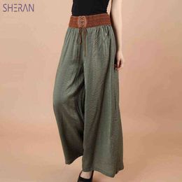 SHERAN Cotton Linen Soft Wide Leg Women Pants Elastic Waist Ankle-Length Solid Colour Summer Loose Trouser 90CM pantalon femme 211124