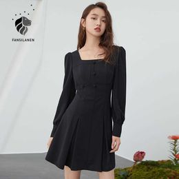 FANSILANEN Vintage long sleeve short black dress Women puff spring summer sexy Female slim pleated elegant es 210607