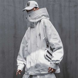Spring Japanese Streetwear Techwear Turtleneck Hooded Zip Up Jacket Coat For Men 211217