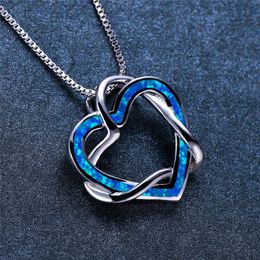 Pendant Necklaces Cute Female Love Heart Chain Necklace Classic Silver Color For Women Vintage Blue Opal Stone Wedding