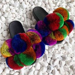 Pom Fur Slippers Women Fluffy Sliders ry Sandals Real Rabbit Slides Multicolor Customise 210903