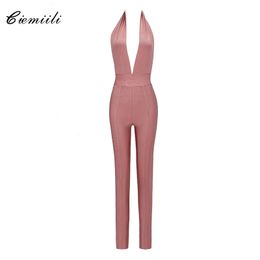 CIEMIILI Deep V Neck Fashion Celebrity Bandage Solid Rompers Ladies New Fashion Full Length Skinny Summer Backless Jumpsuit 210317