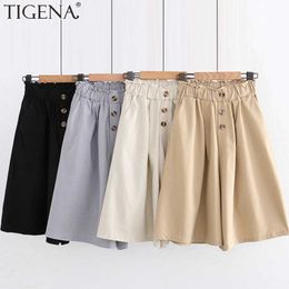 TIGENA Knee Length Cotton Pants Women 2021 Summer Casual Elastic High Waist Wide Leg 1/2 Capri Pants Female with Buttons Pocket Q0801