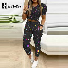 Colorblock Puff Sleeve Crop Top & Pocket Design Drawstring Pants Set Women Two Piece Set Y0625