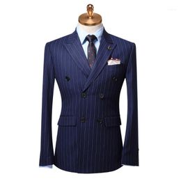 Men Suit 2021 Deep Blue Stripe Double Breasted Mens Suits With Pants Vests For Wedding Groom 3 Piece Set Business Man Wear Plus1