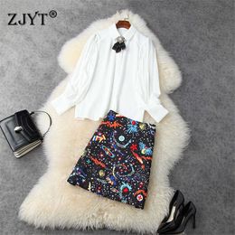 Spring Runway Outfits Women Bowknot White Chiffon Blouse and Print Skirt Suit Set Elegant Lady Sweet Vintage Party Twinset 210601