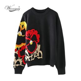 Black Floral Embroidery Pullover Women Boho Long Sleeve O Neck Autumn Winter Jumper Top Loose Knitted Sweaters C-010 211221