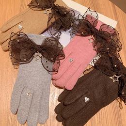 Fingerless Gloves Fashion Women Wool Warm Winter Elegant Female Full Finger Mittens BowKnot Lace Rhinestone Star Double Thicker Luvas