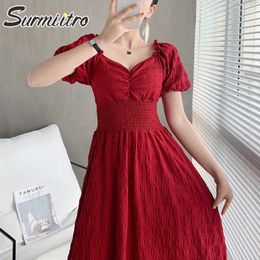 SURMIITRO Women Summer Midi Dress Vintage Korean Short Puff Sleeve Red Black Sundress Tunic Party Sun Long Dress Female 210712