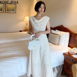 Korejpaa Women Dress Korean Fashion Simple Temperament Pile Collar Solid Colour Hundred Sleeveless with Belt Long Vestido 210526