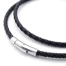 black braided leather cord necklaces UK - Jonline24h Black Braided Leather Cord Rope Choker Chunky Necklace Chain Stainless Steel Clasp 3-4mm 14-30