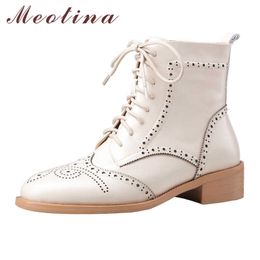 Meotina Winter Ankle Boots Women Natural Genuine Leather Thick Heel Short Boots Lace Up Round Toe Brogue Shoes Lady Fall Size 39 210608