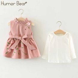 Humour Bear Autumn Children's Kids Dress Baby Princess Dress Long Sleeves+Embroidered Lace Bow Vest Sets Children Clothes Q0716