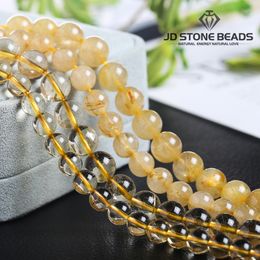 Natural Gold Rutilated Quartz High Quality Energy Hair Crystal Yellow Round Gemstone 6 8 10mm Diy Charm Beads For Jewellery Making Q0531