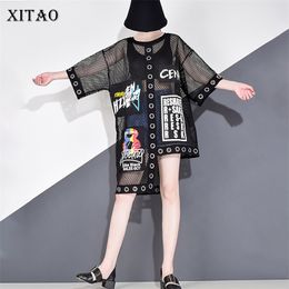 XITAO Hollow Out Splice Grid Women T Shirt Summer Plus Size Streetwear Korean Style Clothes Print Letter Black Net Tops WBB3401 210304