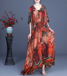 Summer Silk Irregular Drawstring Print Plus Size Retro V-Neck A Line Dresses for Women 210615