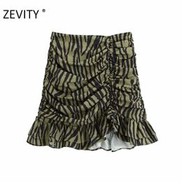 ZEVITY New Women animal pattern print pleated asymmetrical skirt faldas mujer female back zipper chic hem ruffles skirts QUN693 210303