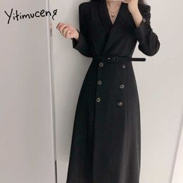 Yitimuceng Office Lady Suit Dresses for Women Sashes High Waist Black Clothes Spring Korean Fashion Elegant Midi Dress 210601
