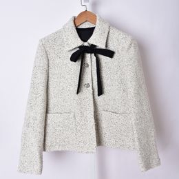 2022 Spring Long Sleeves Lapel Neck Jacket French Style Solid Color Tweed Ribbon Tie Bowknot Pockets Single-Breasted Jackets Short Outwear Coats 20S277183