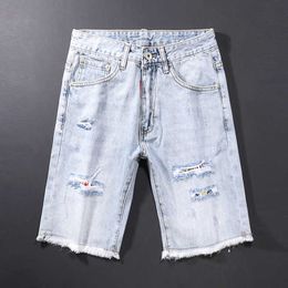 Summer Ly Fashion Men Jeans Retro Light Blue Destroyed Ripped Denim Shorts Streetwear Patchwork Designer Short 3WX2