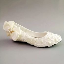 Ivory lace pearls bow wedding shoe bride 3CM wedges heel woman's dinner party dancing proms bridal ladies bridesmaid dress shoes