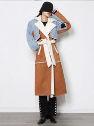 Women's Wool & Blends 2021 Winter Belt Women Coat Patchwork Lambswool Denim Long Jacket For Lapel Sleeve Loose Casual Female