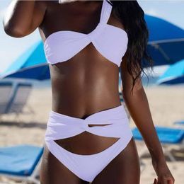 Women's Swimwear Factory High Quality Waist Bikini One Shoulder Women Swimsuit Pure Colour Bandage