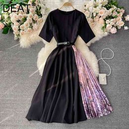 DEAT summer fashion women clothes round neck short sleeves contrast Colours pleated high waist dress WS69201 210709