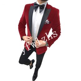 Handsome Velveteen Groomsmen Peak Lapel Groom Tuxedos Man's Suits Wedding/Prom/Dinner Man Blazer(Jacket+Pants+Tie) K581