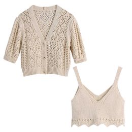 Women Pointelle knit cardigan two piece set fashion Vintage Woman Knitted crop tops Outfits 210709