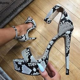 Rontic Handmade Women Platform Sandals Ankle Strap Snake Pattern Stiletto Heels Open Toe Elegant Black Party Shoes US Size 5-20