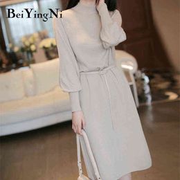 Beiyingni Women Wool Sweater Dress Casual Solid Colour Belted Midi Knitted Dresses Korean Warm Thicken Stylish Dress Female Robe Y1204