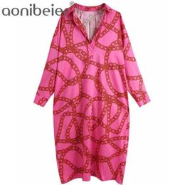 Women Vintage Chain Printing Casual Loose Straight Midi Dress Female Chic Batwing Sleeve Pink Kimono 210604