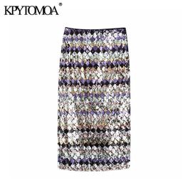 Vintage Sexy Sequin Midi Skirt Women Fashion High Waist Side Zipper Back Vents Female Skirts Casual Faldas Mujer 210310