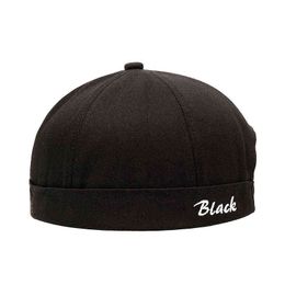 Novelty Fold Skullcap Retro Black embroidery Sailor Cap Casual Men Women Rolled Cuff Bucket Cap Brimless Hat Cotton Bonnet Y21111