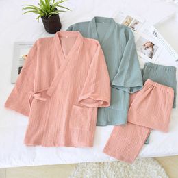 Japanese kimono spring and summer cotton crepe Pyjamas nightgown set plus size couple men's sauna clothes yukata women robe sets 210622