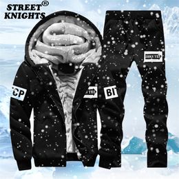 Fleece Men Winter Set Fashion Casual Tracksuit Thick SweatshirtPants Sportswear Suit Warm Hooded Outerwear 220310