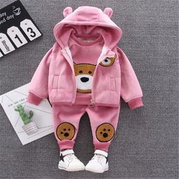 Children Boy Girl Clothes Set Autumn Winter Soft Thick Warm Toddler Kids Baby Cartoon Bear Hooded Vest Jacket Pants 3Pcs Suit