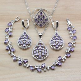 Earrings & Necklace Silver Colour Purple Crystal CZ Romantic Wedding Party Costume Jewellery Sets For Women Dangle Bracelet And Ring
