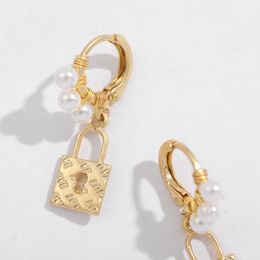 Hoop & Huggie ALLME Simple Gold Colour Lock Pendant Earring For Women Metal Alloy Key Simulated Pearls Earrings Temperament Jewellery