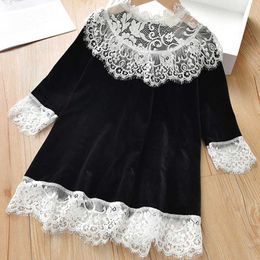 2021 New Spring Autumn Gold Velvet Stitching Dress Lace Decoration Casual Dress Princess Dress Baby Clothes Q0716