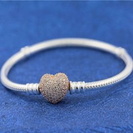 925 Sterling Silver Moments Rose Gold Pave Heart Clasp Bracelet Fits For European Pandora Bracelets Charms and Beads