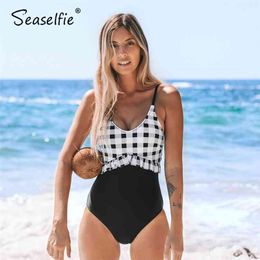 SEASELFIE Sexy Black and White Gingham Swimsuit Women Open Back Cut Out Monokini Beach Bathing Suit Swimwear 210712